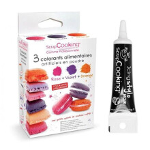 3 corantes alimentares laranja, roxo, rosa + Caneta de glacê preta
