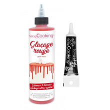 Glaçage goût chocolat 130 g rouge + Stylo de glaçage noir