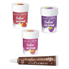 3 corantes alimentares com aromas de framboesa, amora e morango + 1 caneta de chocolate
