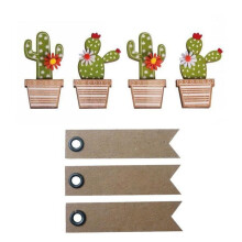 4 Holzsticker Kaktus 6,5 cm + 20 Kraftpapier Fahnenetiketten