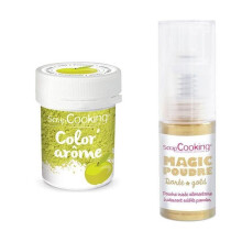 Corante alimentar verde aroma maçã + Pó alimentar iridescente dourado
