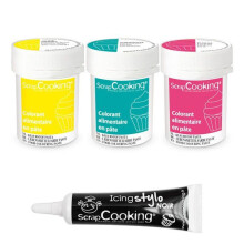 3 colorants alimentaires en pâte fuchsia-turquoise-citron + Stylo glaçage noir