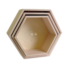 4 blocchi di 3 scaffali esagonali in legno 24-30 cm