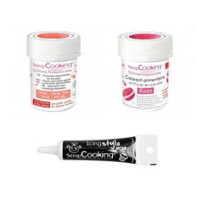 2 coloranti alimentari corallo-rosa + penna per glassa nera
