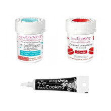 2 corantes alimentares vermelho-turquesa + Caneta de glacê preta