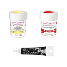 2 corantes alimentares amarelo pastel-vermelho + caneta de glacê preta