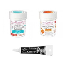 2 corantes alimentares laranja-turquesa + Caneta de glacê preta