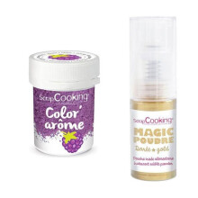 Corante alimentar roxo sabor amora + Pó alimentar iridescente dourado