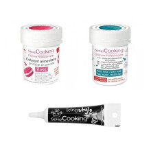 2 corantes alimentares rosa-azul escuro + Caneta de glacê preta