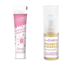 Corante alimentício rosa + Pó alimentício iridescente dourado