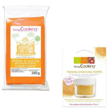 Pasta de azúcar naranja 250 g aroma vainilla + purpurina dorada