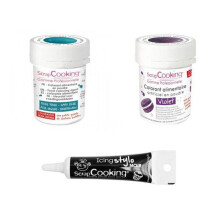 2 corantes alimentares violeta-azul escuro + Caneta glacê negra