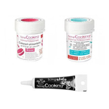 2 corantes alimentares rosa-turquesa + Caneta de glacê preta