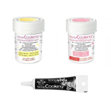 2 corantes alimentares rosa-amarelo pastel + Caneta de glacê preta