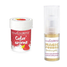 Corante alimentar rosa aroma morango + Pó alimentar iridescente dourado