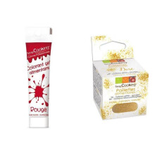 Colorante alimentare gel rosso 20 g + glitter dorati