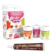 3 Corantes-aromas alimentares framboesa-abricote-pistache + 1 Caneta chocolate