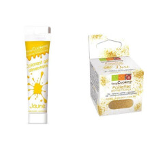 Corante alimentar gel amarelo + purpurina dourada