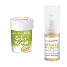 Corante alimentar verde sabor pistache + Pó alimentar iridescente dourado
