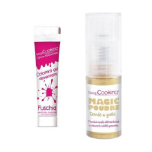 Corante alimentar em gel fúcsia + Pó alimentar iridescente dourado