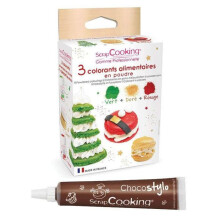 3 corantes em pó verde, vermelho e dourado + 1 Caneta de chocolate
