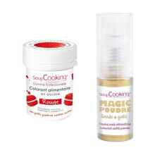 Corante alimentar vermelho + Pó alimentar iridescente dourado