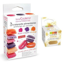 3 colorantes alimentarios naranja, violeta, rosa + purpurina dorada