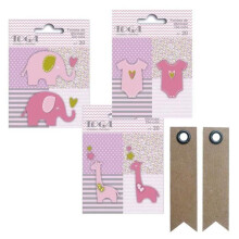 60 ausgestanzte Formen von Giraffen, Elefanten und rosa-grün-grauem Body + 20 Kraftpapier-Fanionschilder