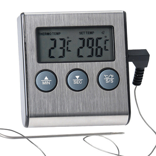 Backlit LCD Display Meat Thermometer, Timer Probe Food Thermometer for Oven and Grill, Tabletop Design for Countertop Use, Multi-Function Button 2