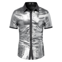 Men's 70s Sequin Shirt Short Sleeve Disco Party  ButtonDown Silver Size L Regular/Slim Fit