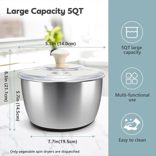 Stainless Steel Salad Lettuce Spinner with Lid, Basin, Drain Frame 1