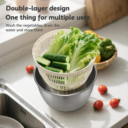 Stainless Steel Salad Lettuce Spinner with Lid, Basin, Drain Frame 2