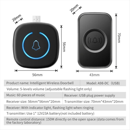 Smart Home USB Wireless Doorbell Waterproof 60 Ringtones 5 Volume,A 2