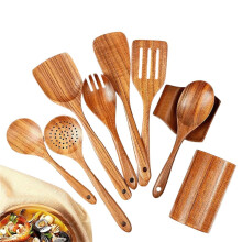 9 PCS Natural Wooden Spoons for Cooking Utensils with Utensil Holder Teak Kitchen Set