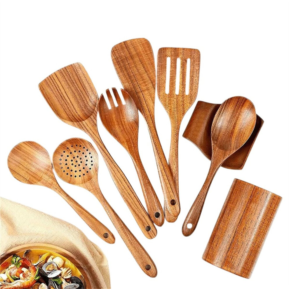 9 PCS Natural Wooden Spoons for Cooking Utensils with Utensil Holder Teak Kitchen Set