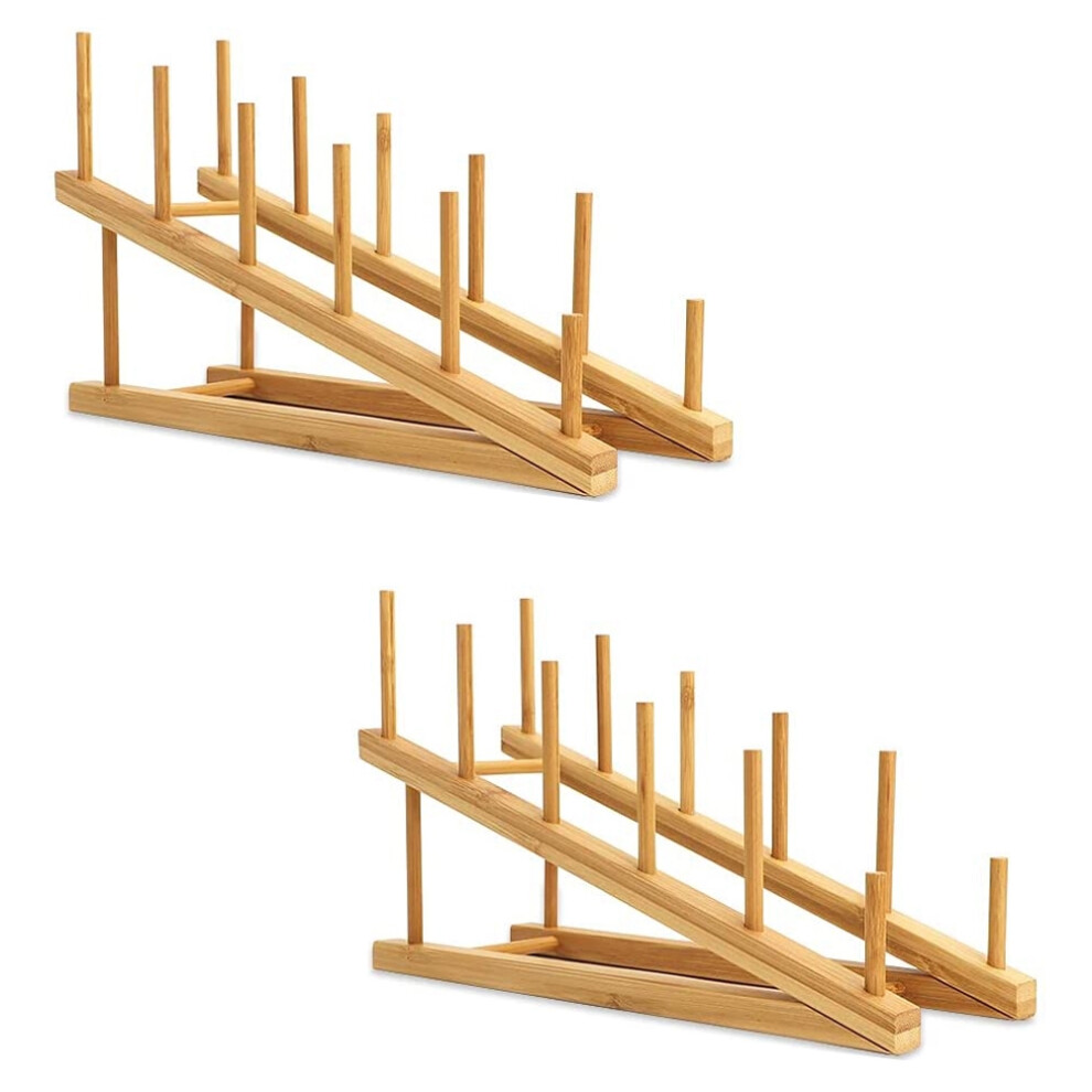 2 PCS Wooden Dish Rack Bamboo Plate Stand Pot Lid Holder, Drying Kitchen Cabinet Organizer for