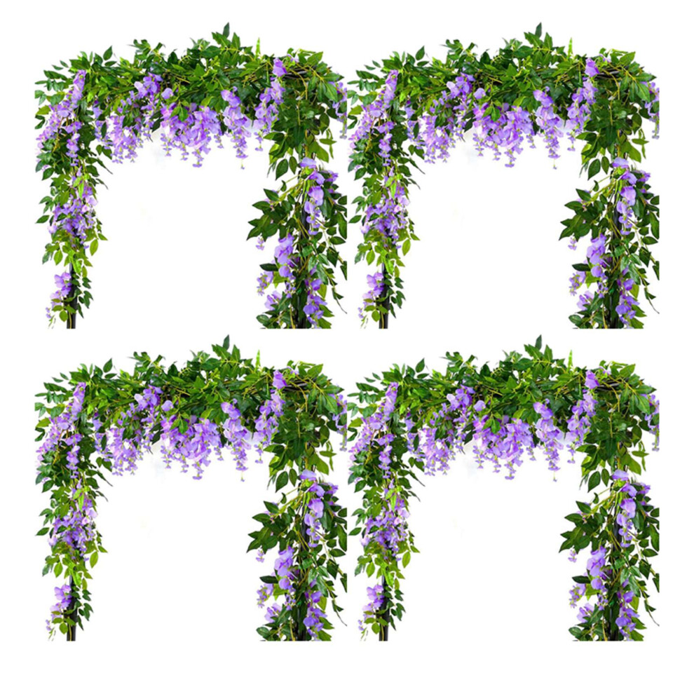 4Pcs 7Ft/Pcs Artificial Vine, Flower Garland Vine Rattan Hanging Flowers For Outdoor Ceremony, Wisteria/Purple