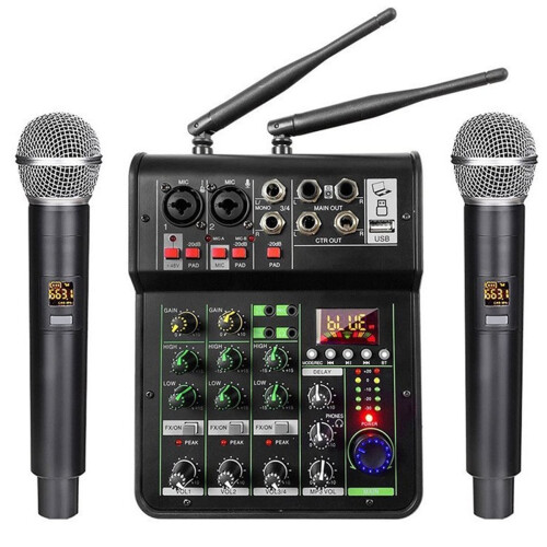 Mixagem de áudio com microfone sem fio UHF e mixer estéreo de 4 canais