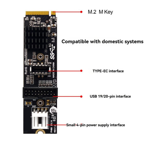 Κάρτα επέκτασης προσαρμογέα PCIe σε USB 3.1 με κλειδί M.2 M, ΤΥΠΟΣ C 19 20PIN 1