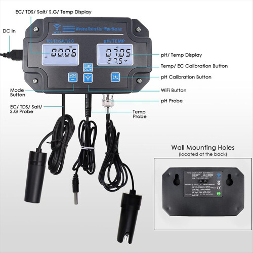 Smart Water Quality Tester 6-in-1 PH/EC/TDS/Salinity/S.G Eu Plug 2