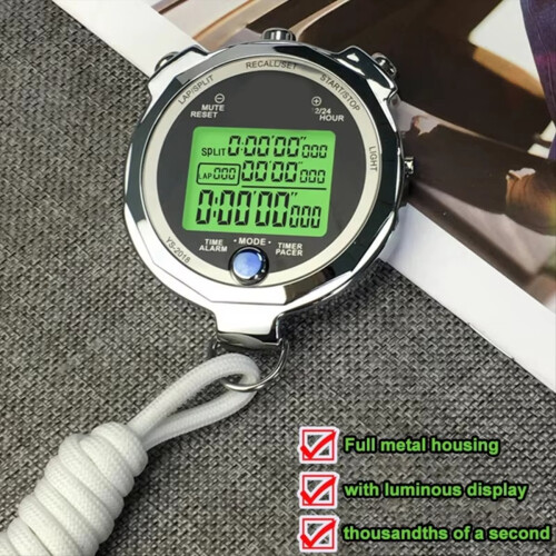Professionele metalen lichtgevende digitale stopwatchtimer 0,001s 100 sporen 1
