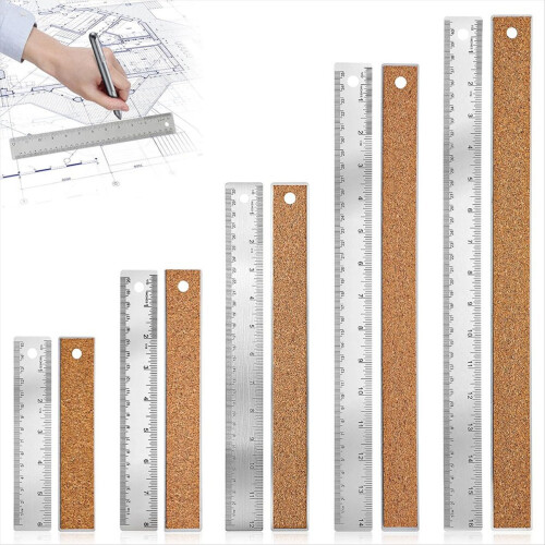 Conjunto de 5 réguas com base de cortiça, em aço inoxidável, nos tamanhos 6/8/12/14/16 polegadas, antiderrapantes. 1