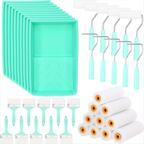 Kit com 40 rolos de pintura de 4 polegadas, bandeja para pintura e capas de espuma pequenas para rolos.