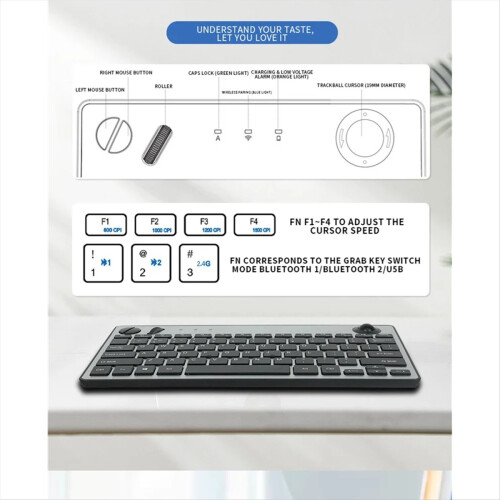 Clavier sans fil mini trackball, 78 touches, Bluetooth 2