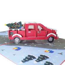 Julekort med 3D popup-togscene, inkludert blank meldingslapp og konvolutt i bondegårdsinspirert trebordsskilt i julestil