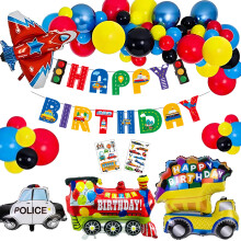 Geburtstagsdekoration, Auto-Party-Zubehör mit Verkehrsbanner und Geburtstagshut, Transportfahrzeug-Themenset inklusive Folienballons und Latexballons