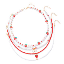 Leuke aardbeikralenkettingset met meerdere lagen,-Rode ketting