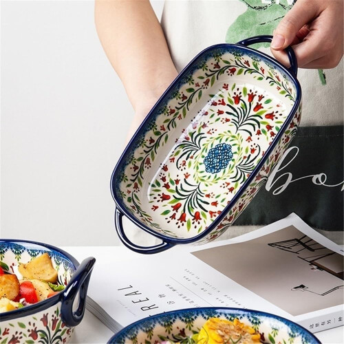 Lasagna Baking Tray With Handle Ceramic Retro Bakeware, Oven Safe, Large Capacity, Salad Dish, Pumpkin Tableware 1