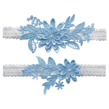 Liga floral para noiva, elegante, com acabamento europeu, detalhes em renda azul, elástica, para usar na coxa, com pérolas, ideal para casamento.