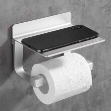 Selbstklebender Toilettenpapierhalter, rostfrei, wasserdicht, große und sichere Handyablage, aus robustem Aluminium, mit Ablöseschutz, zur